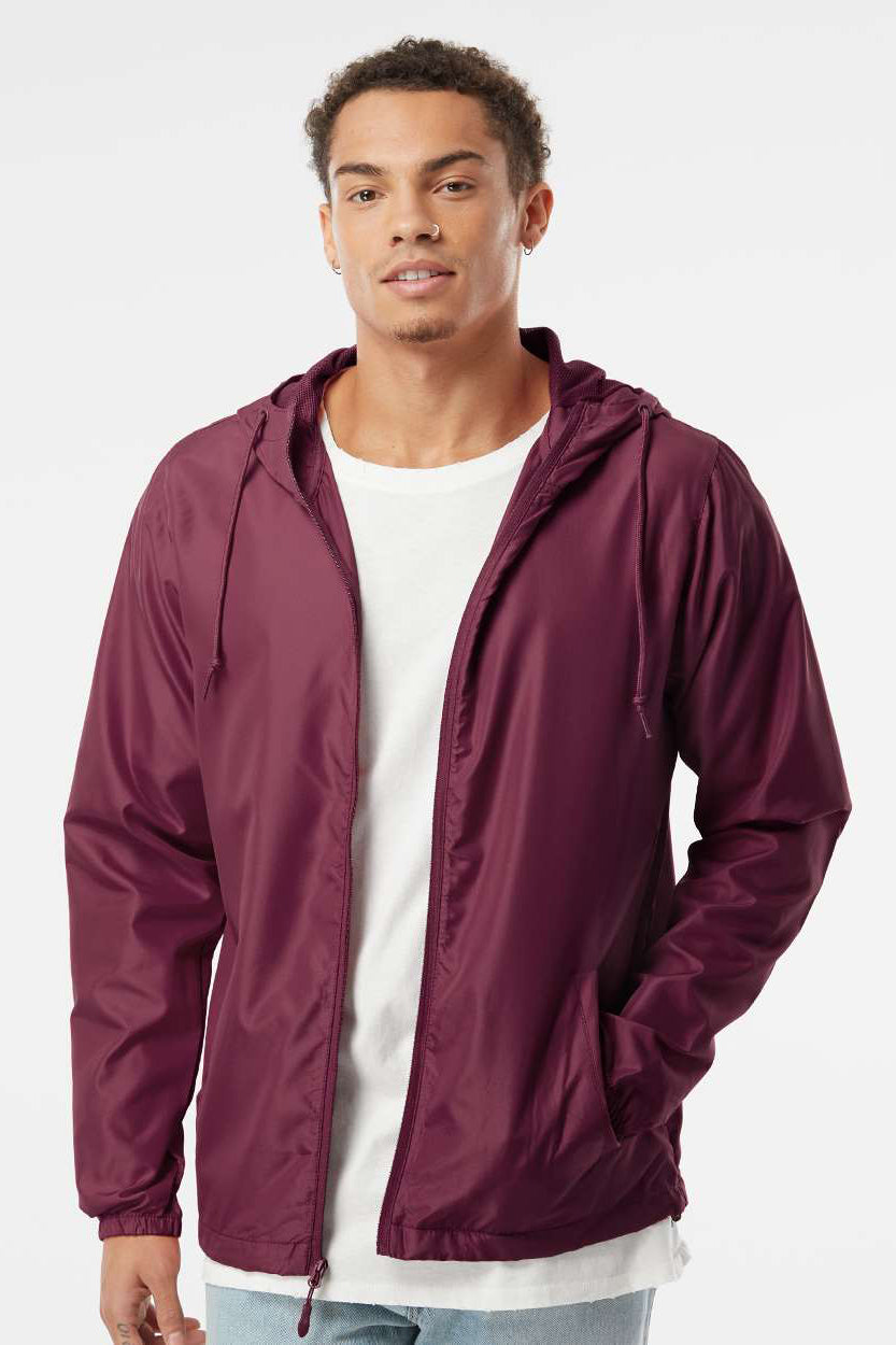 Independent Trading Company EXP54LWZ Mens Water Resistant Full Zip Windbreaker Hooded Jacket Maroon Model Front