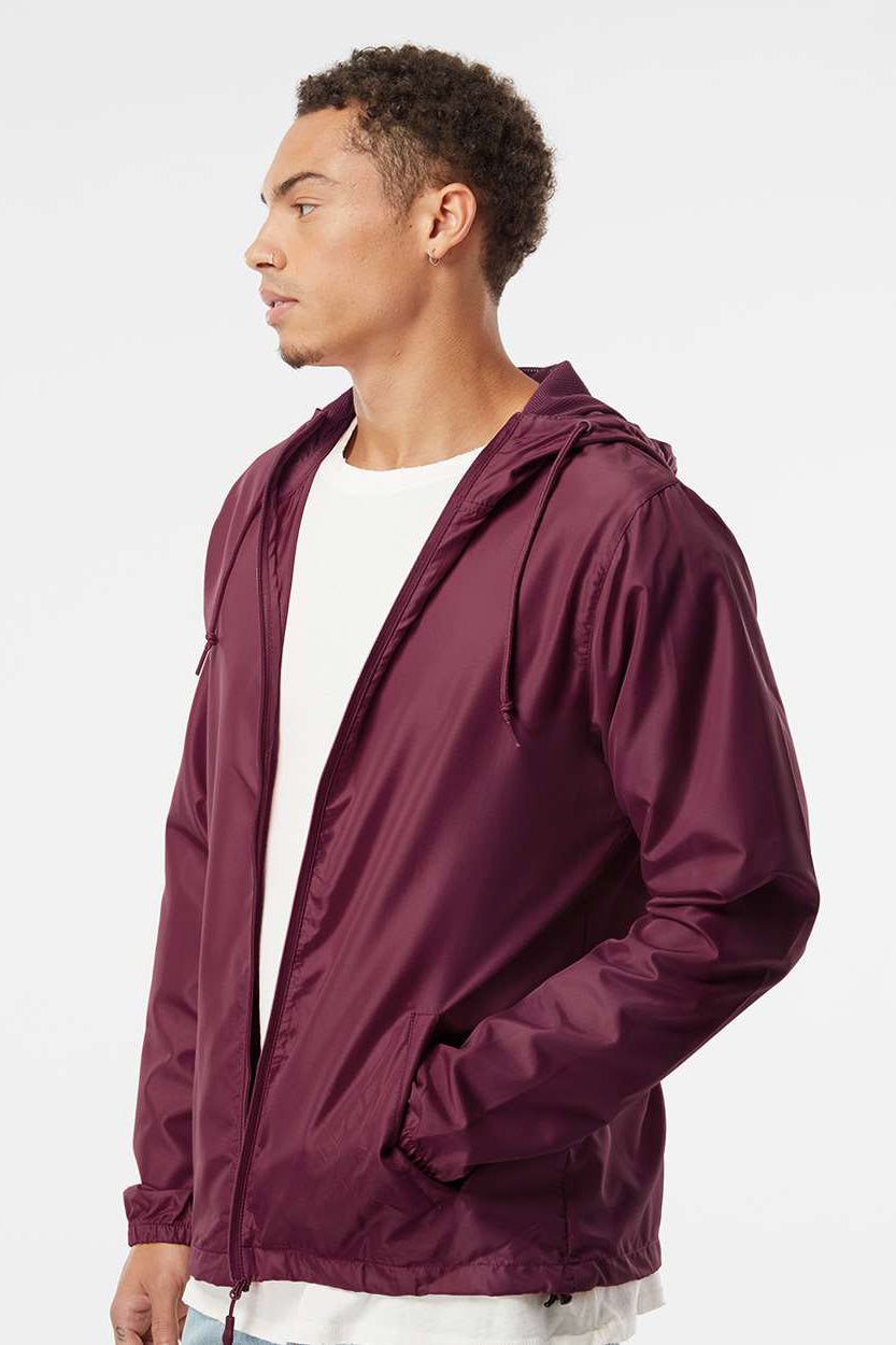 Independent Trading Company EXP54LWZ Mens Water Resistant Full Zip Windbreaker Hooded Jacket Maroon Model Side