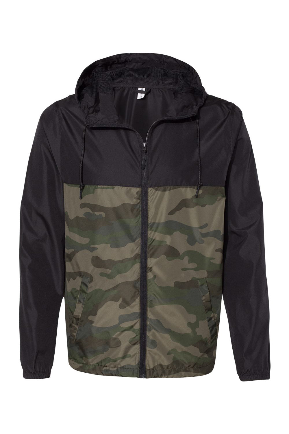 Independent Trading Company EXP54LWZ Mens Water Resistant Full Zip Windbreaker Hooded Jacket Black/Forest Green Camo Flat Front