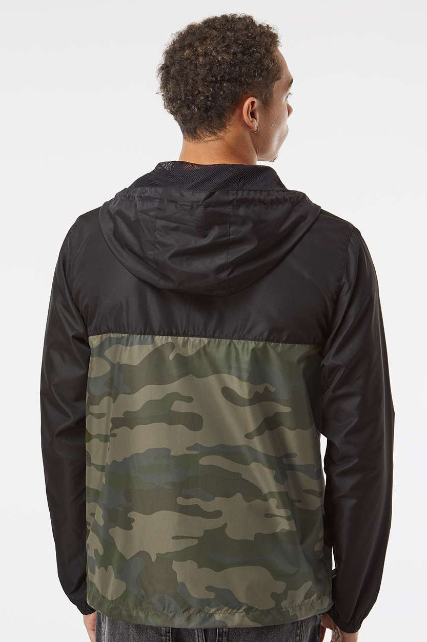 Independent Trading Company EXP54LWZ Mens Water Resistant Full Zip Windbreaker Hooded Jacket Black/Forest Green Camo Model Back