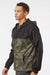 Independent Trading Company EXP54LWZ Mens Water Resistant Full Zip Windbreaker Hooded Jacket Black/Forest Green Camo Model Side