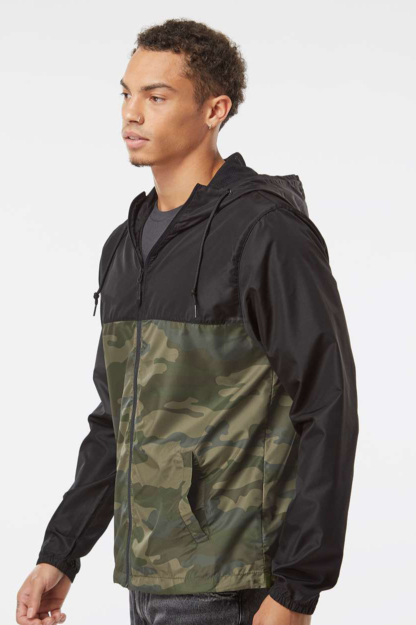 Independent Trading Company EXP54LWZ Mens Water Resistant Full Zip Windbreaker Hooded Jacket Black/Forest Green Camo Model Side