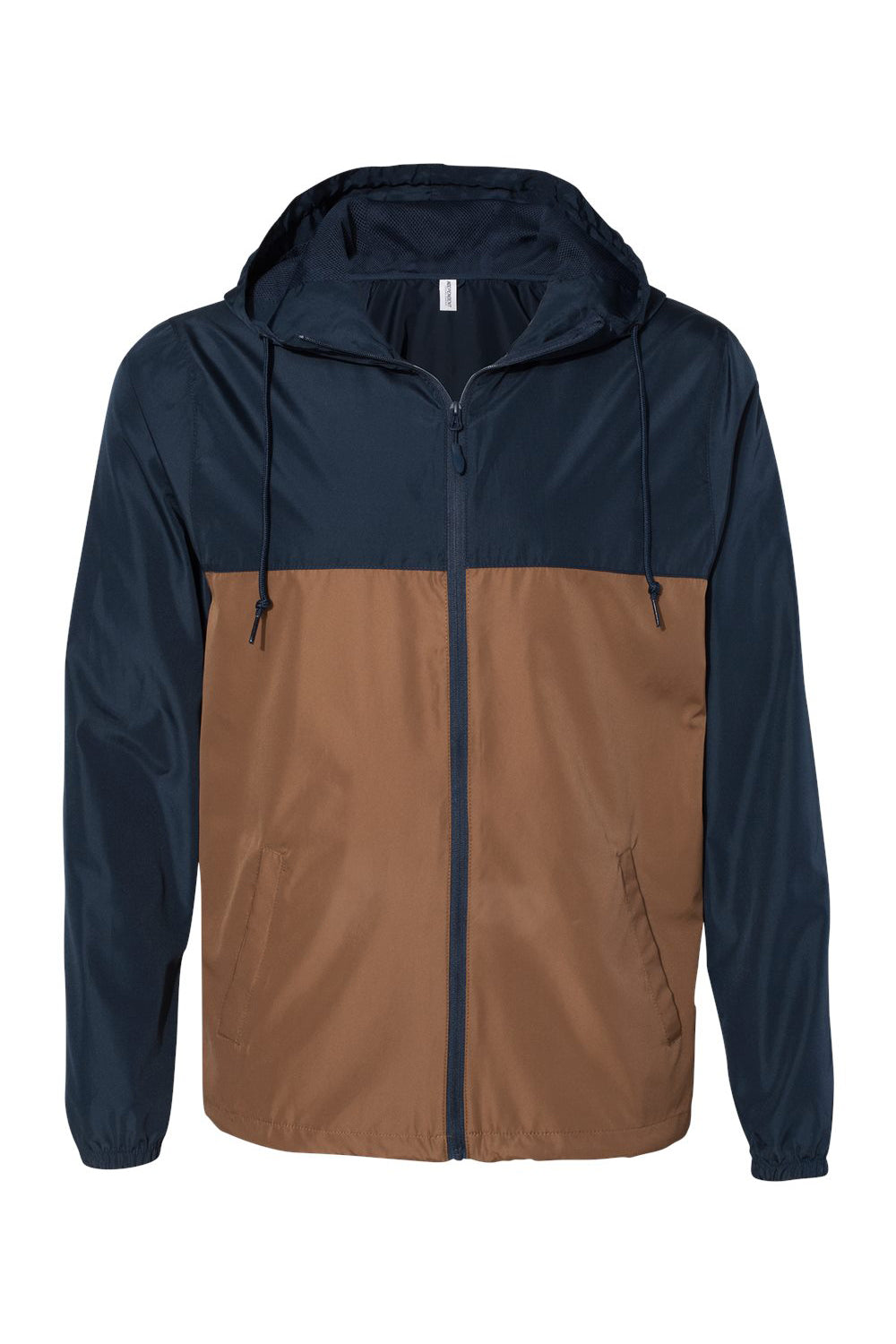 Independent Trading Co. EXP54LWZ Mens Full Zip Windbreaker Hooded Jacket Classic Navy Blue/Saddle Brown Flat Front