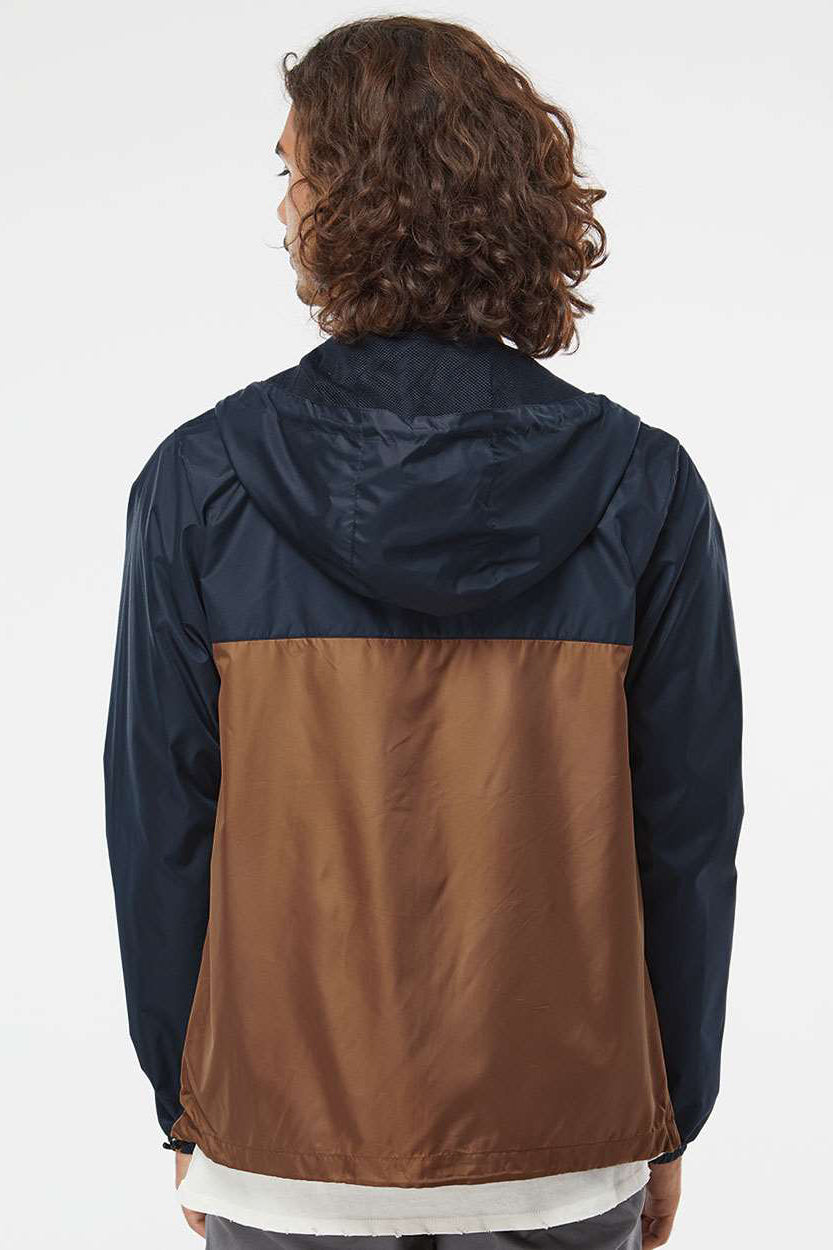 Independent Trading Company EXP54LWZ Mens Water Resistant Full Zip Windbreaker Hooded Jacket Classic Navy Blue/Saddle Brown Model Back