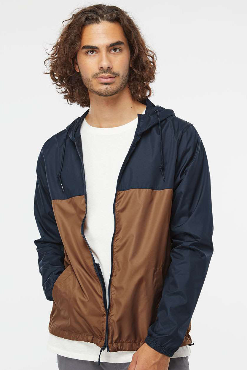 Independent Trading Company EXP54LWZ Mens Water Resistant Full Zip Windbreaker Hooded Jacket Classic Navy Blue/Saddle Brown Model Front