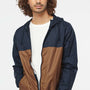 Independent Trading Company Mens Water Resistant Full Zip Windbreaker Hooded Jacket - Classic Navy Blue/Saddle Brown