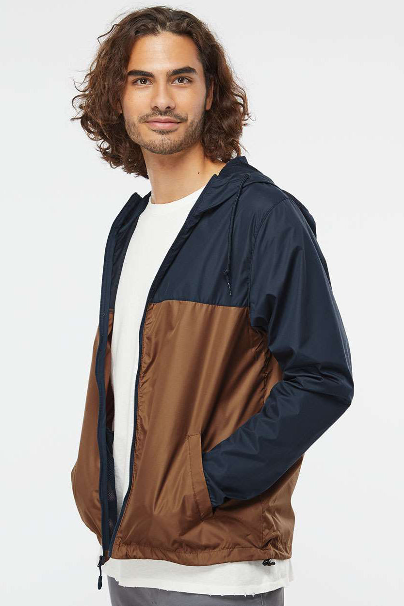 Independent Trading Company EXP54LWZ Mens Water Resistant Full Zip Windbreaker Hooded Jacket Classic Navy Blue/Saddle Brown Model Side