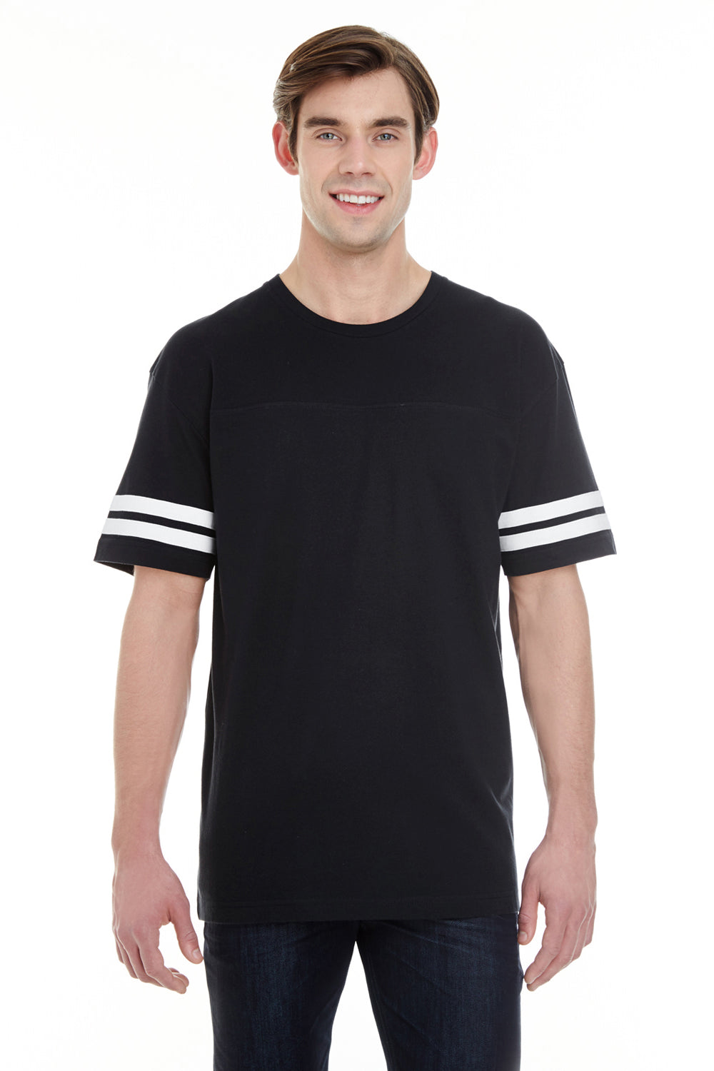 LAT 6937 Mens Fine Jersey Short Sleeve Crewneck T-Shirt Black/White Model Front