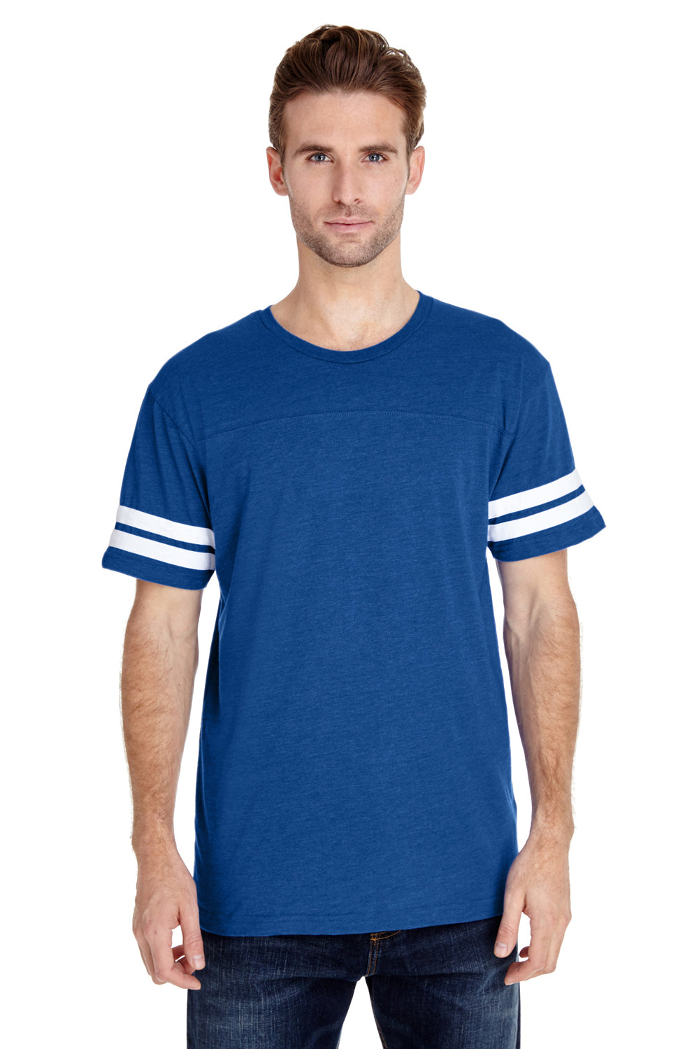 LAT 6937 Mens Fine Jersey Short Sleeve Crewneck T-Shirt Vintage Royal Blue/White Model Front
