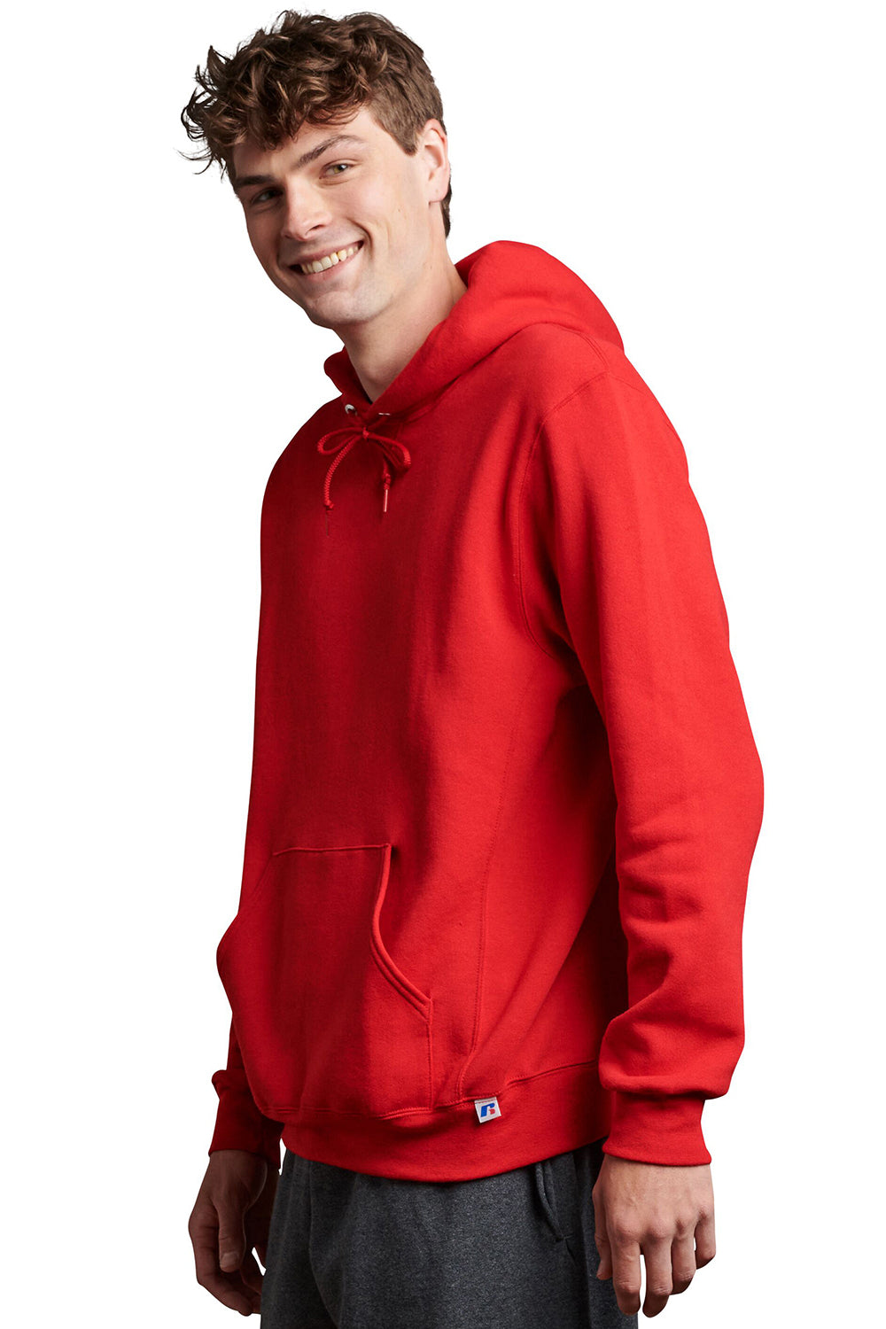 Russell Athletic 695HBM Mens Dri-Power Moisture Wicking Hooded Sweatshirt Hoodie w/ Pouch Pocket True Red Model Side