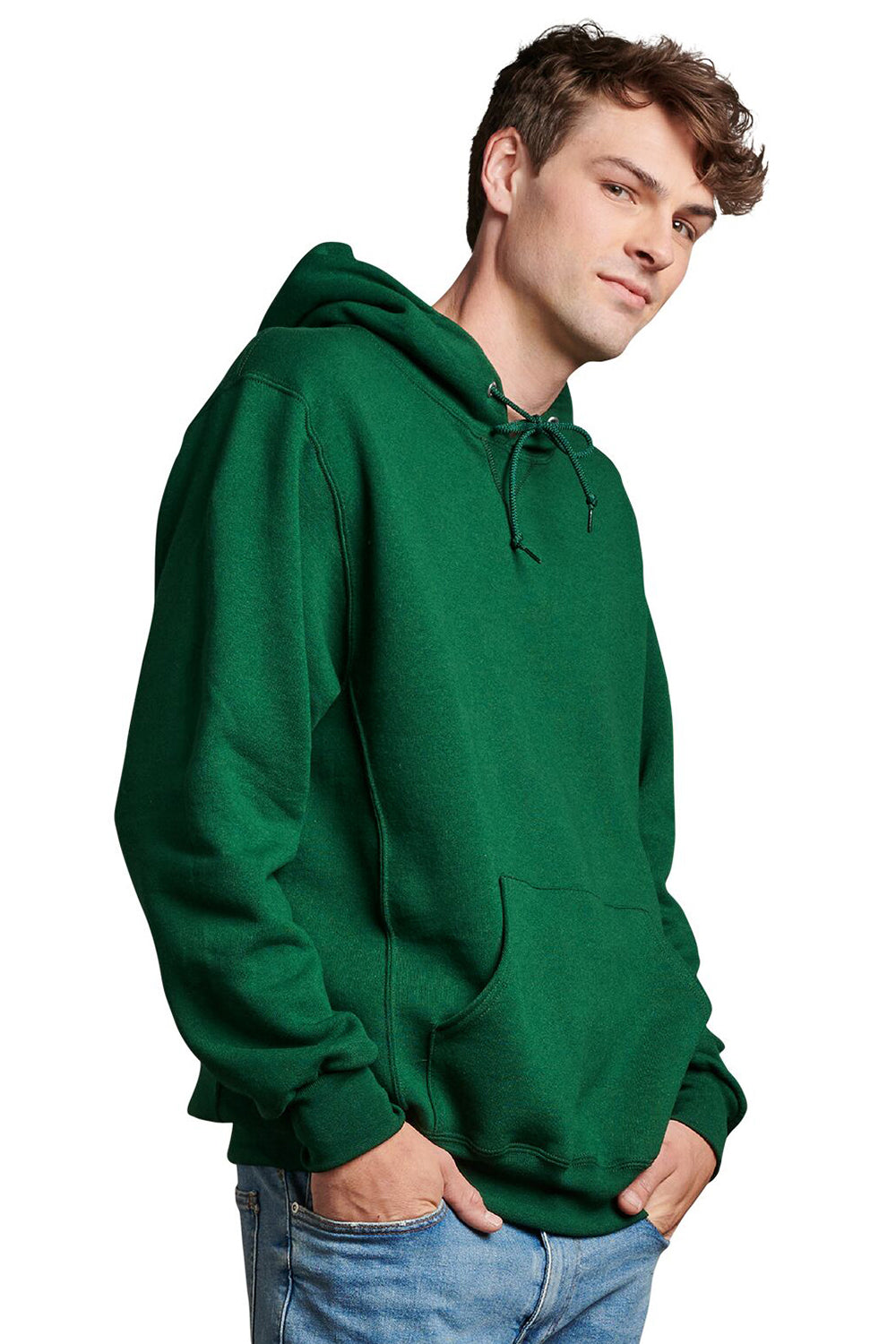 Russell Athletic 695HBM Mens Dri-Power Moisture Wicking Hooded Sweatshirt Hoodie w/ Pouch Pocket Dark Green Model Side