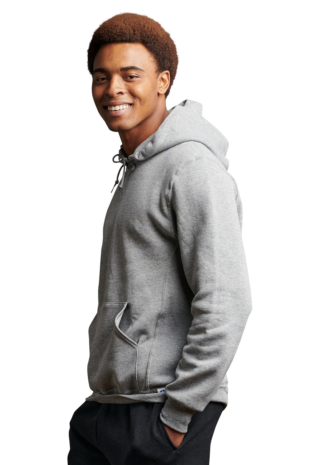 Russell Athletic 695HBM Mens Dri-Power Moisture Wicking Hooded Sweatshirt Hoodie w/ Pouch Pocket Oxford Grey Model Side