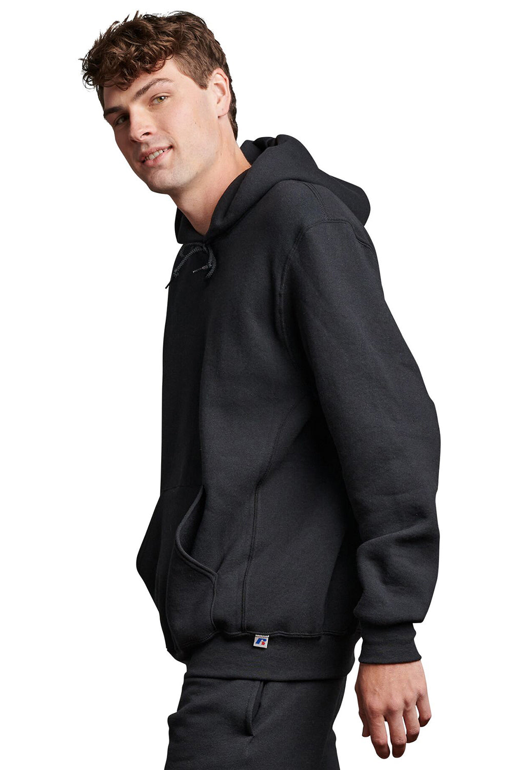 Russell Athletic 695HBM Mens Dri-Power Moisture Wicking Hooded Sweatshirt Hoodie w/ Pouch Pocket Black Model Side