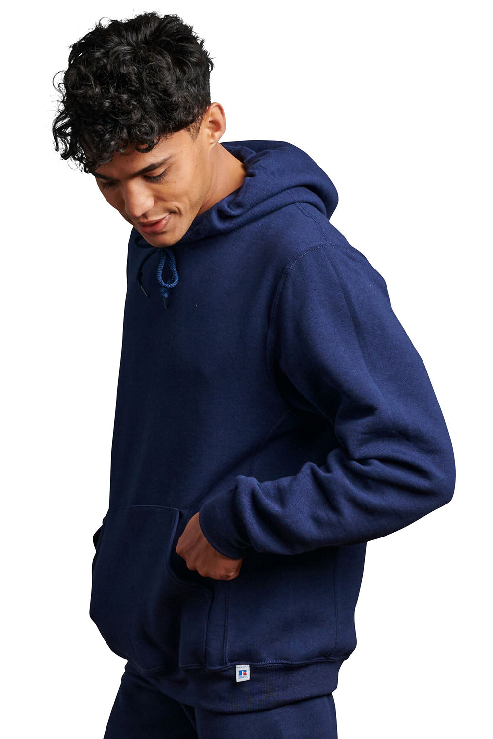 Russell Athletic 695HBM Mens Dri-Power Moisture Wicking Hooded Sweatshirt Hoodie w/ Pouch Pocket Navy Blue Model Side