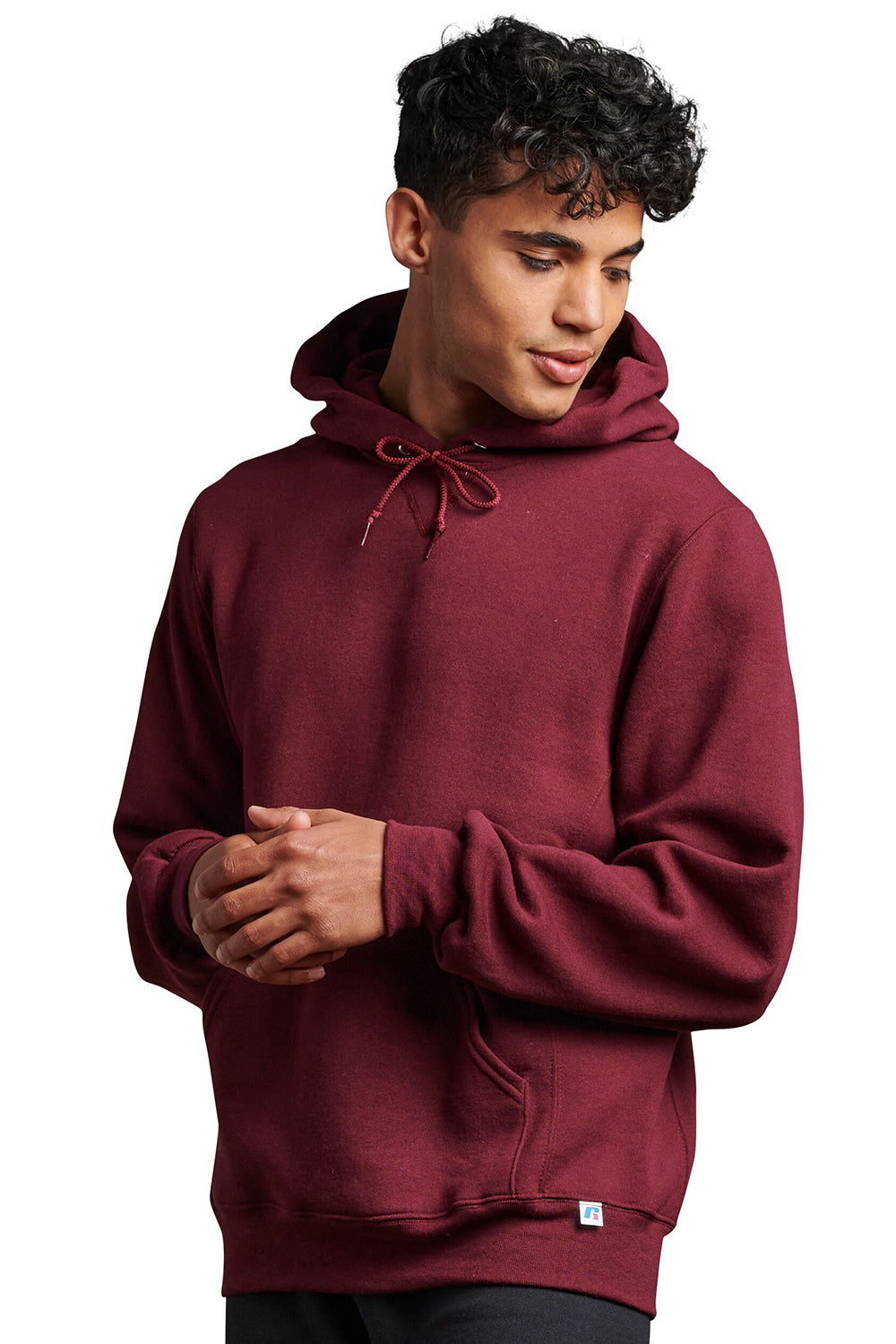 Russell Athletic 695HBM Mens Dri-Power Moisture Wicking Hooded Sweatshirt Hoodie w/ Pouch Pocket Maroon Model Side