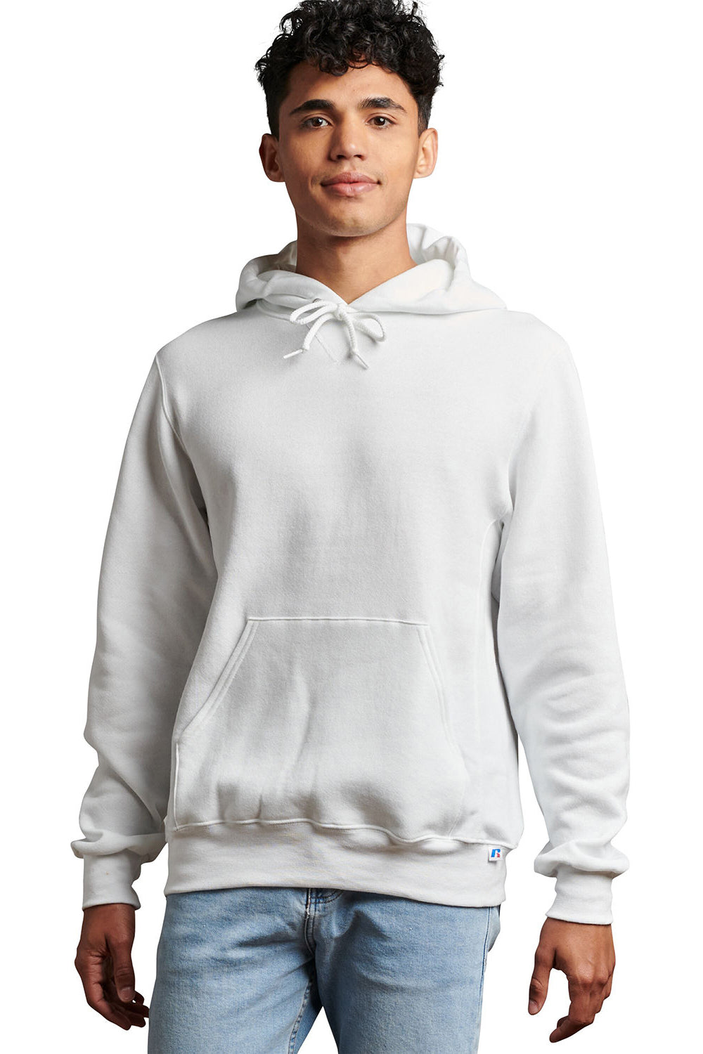 Russell Athletic 695HBM Mens Dri-Power Moisture Wicking Hooded Sweatshirt Hoodie w/ Pouch Pocket White Model Front