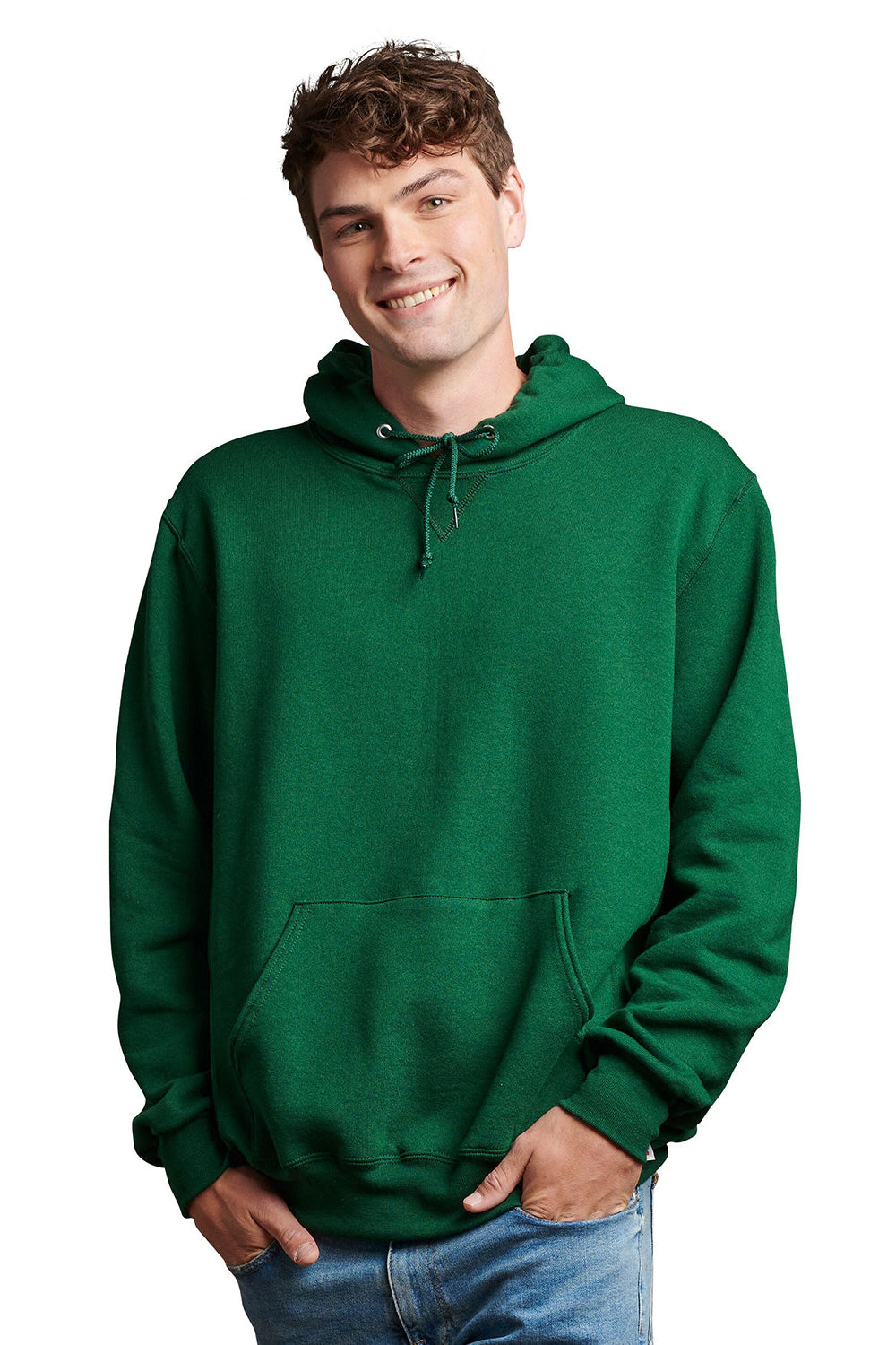 Russell Athletic 695HBM Mens Dri-Power Moisture Wicking Hooded Sweatshirt Hoodie w/ Pouch Pocket Dark Green Model Front