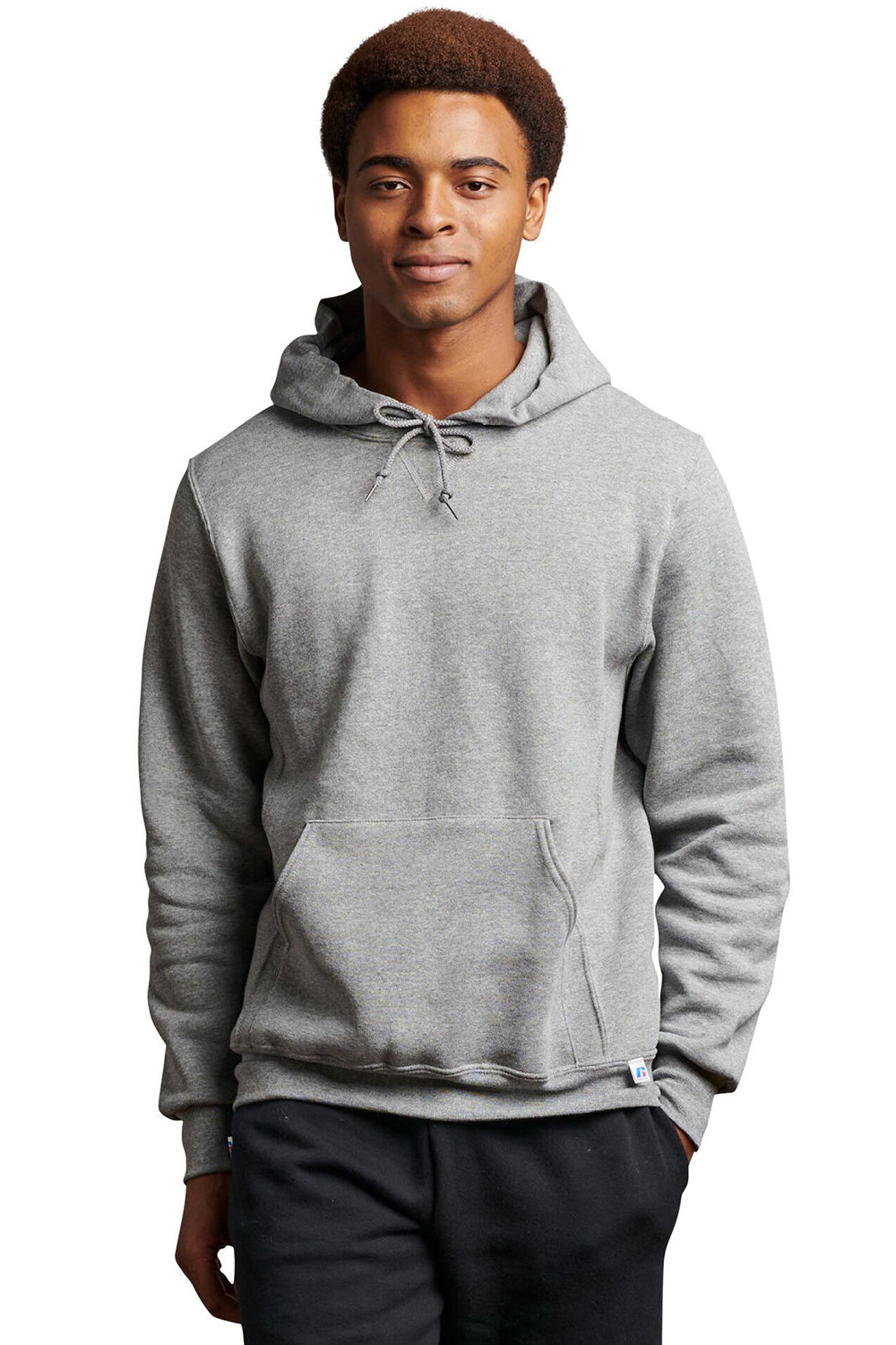 Russell Athletic 695HBM Mens Dri-Power Moisture Wicking Hooded Sweatshirt Hoodie w/ Pouch Pocket Oxford Grey Model Front