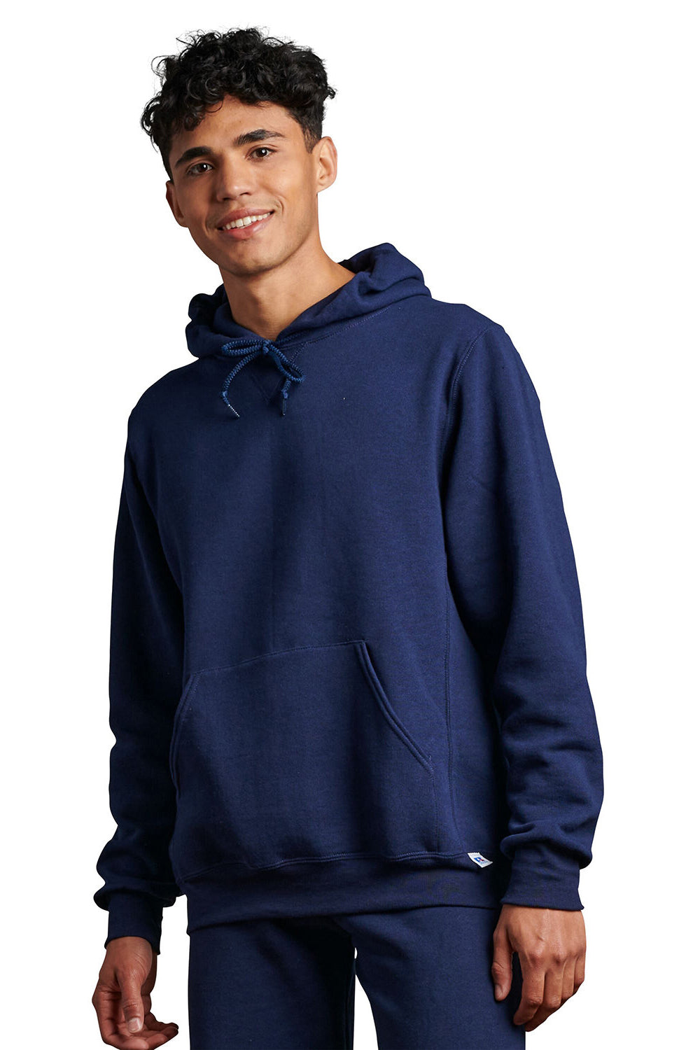 Russell Athletic 695HBM Mens Dri-Power Moisture Wicking Hooded Sweatshirt Hoodie w/ Pouch Pocket Navy Blue Model Front