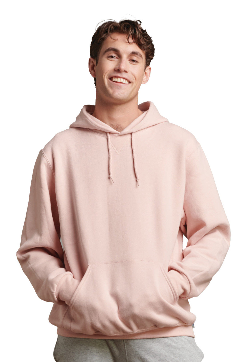 Russell Athletic 695HBM Mens Dri-Power Moisture Wicking Hooded Sweatshirt Hoodie w/ Pouch Pocket Blush Pink Model Front