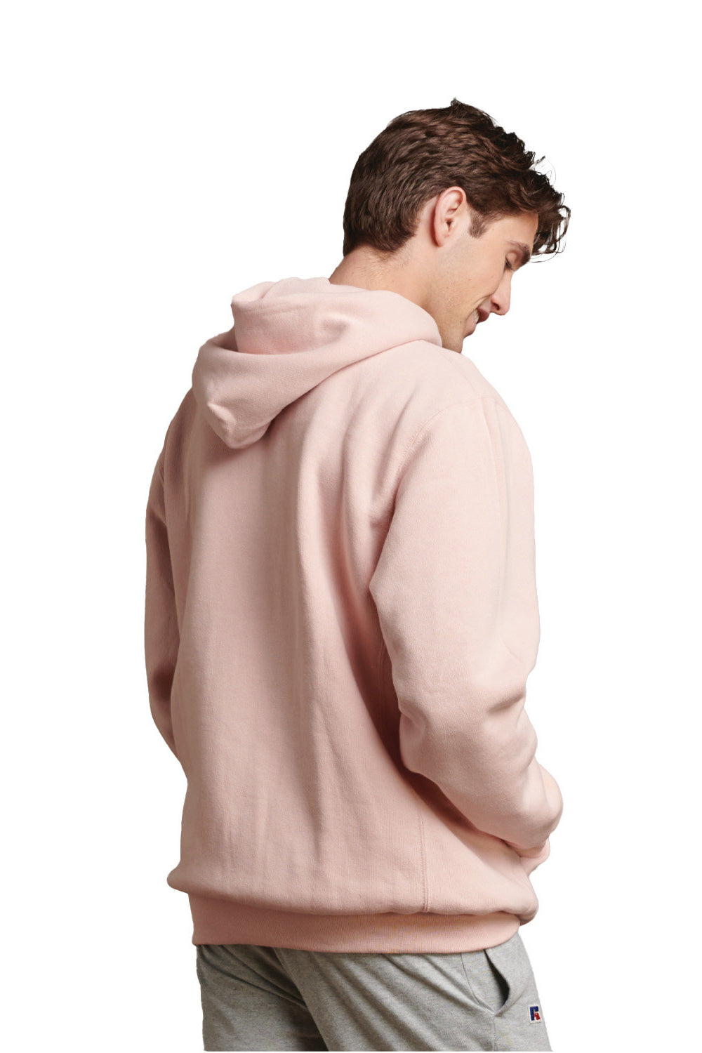 Russell Athletic 695HBM Mens Dri-Power Moisture Wicking Hooded Sweatshirt Hoodie w/ Pouch Pocket Blush Pink Model Back
