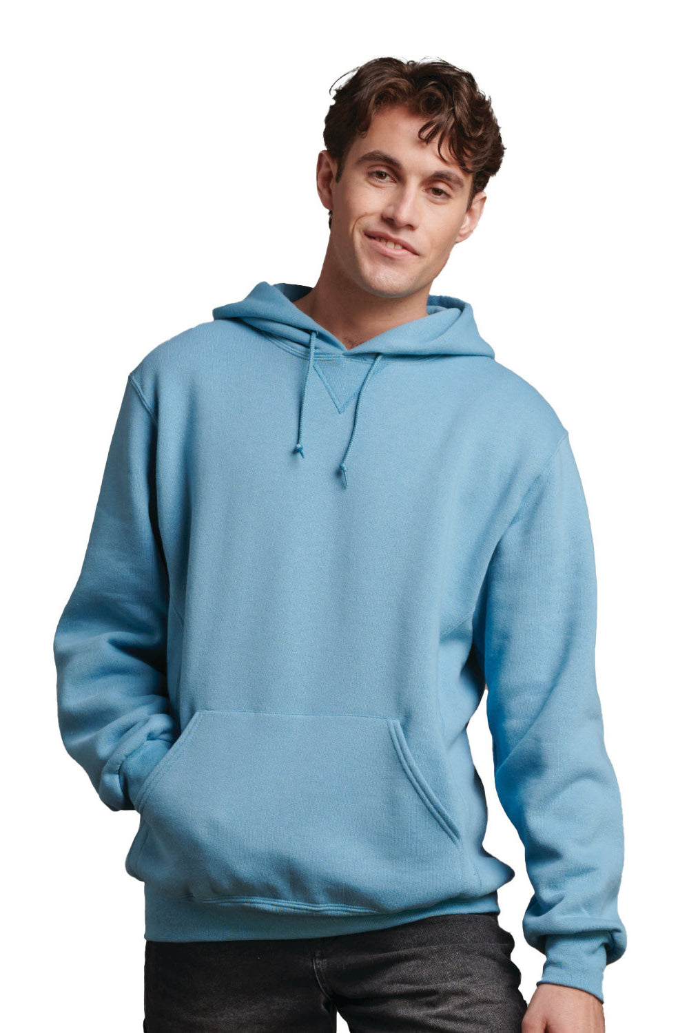 Russell Athletic 695HBM Mens Dri-Power Moisture Wicking Hooded Sweatshirt Hoodie w/ Pouch Pocket Arctic Blue Model Front