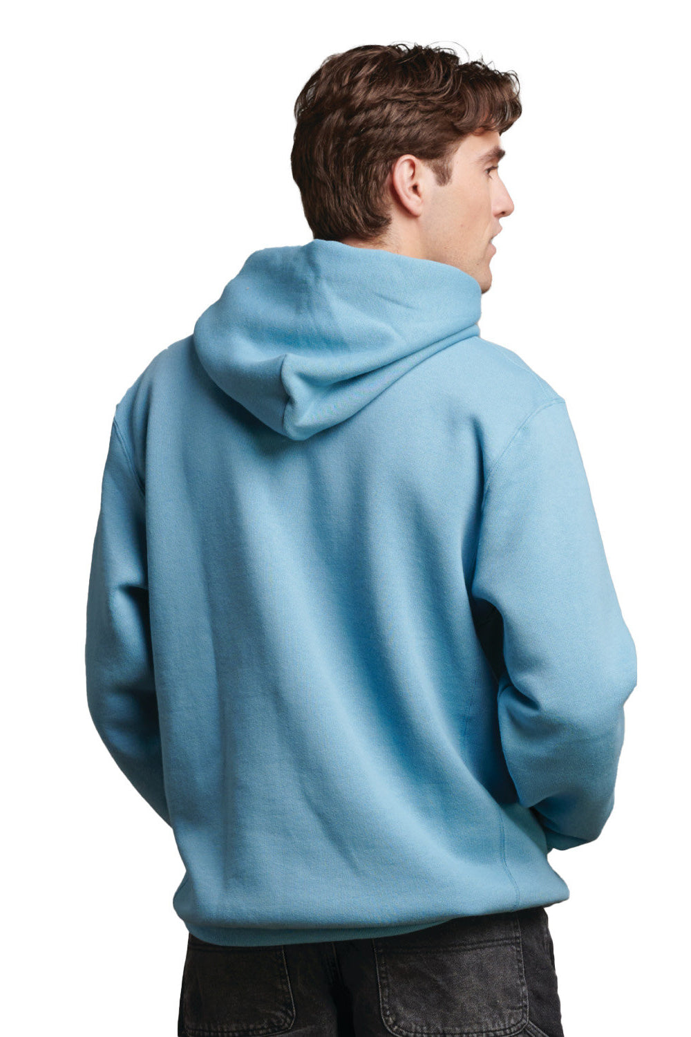 Russell Athletic 695HBM Mens Dri-Power Moisture Wicking Hooded Sweatshirt Hoodie w/ Pouch Pocket Arctic Blue Model Back