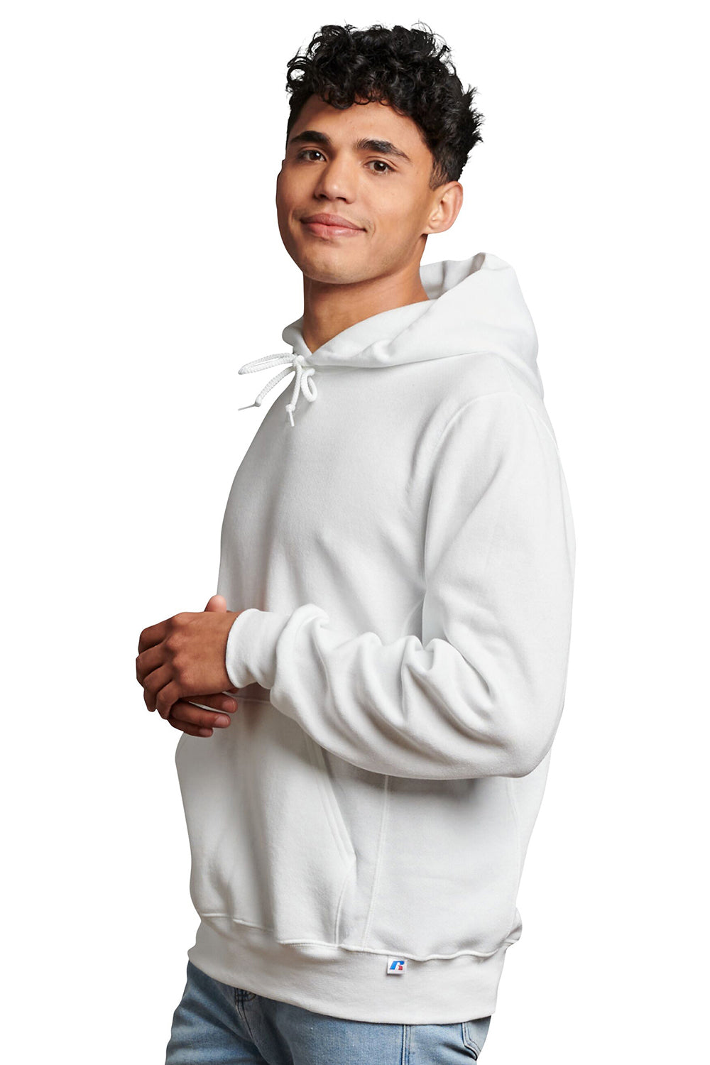 Russell Athletic 695HBM Mens Dri-Power Moisture Wicking Hooded Sweatshirt Hoodie w/ Pouch Pocket White Model Side