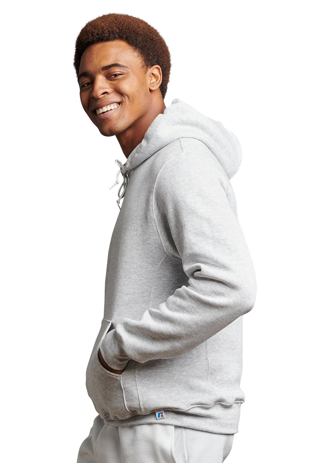 Russell Athletic 695HBM Mens Dri-Power Moisture Wicking Hooded Sweatshirt Hoodie w/ Pouch Pocket Ash Grey Model Side