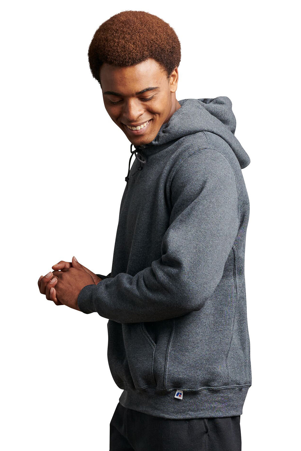Russell Athletic 695HBM Mens Dri-Power Moisture Wicking Hooded Sweatshirt Hoodie w/ Pouch Pocket Heather Black Model Side