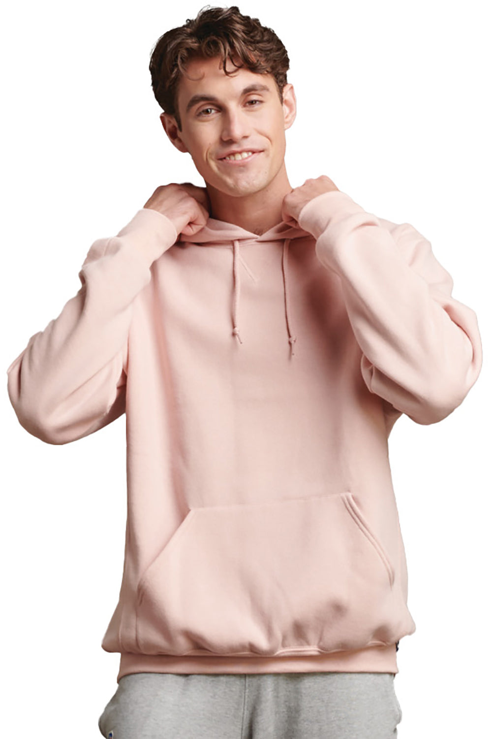 Russell Athletic 695HBM Mens Dri-Power Moisture Wicking Hooded Sweatshirt Hoodie w/ Pouch Pocket Blush Pink Model Side