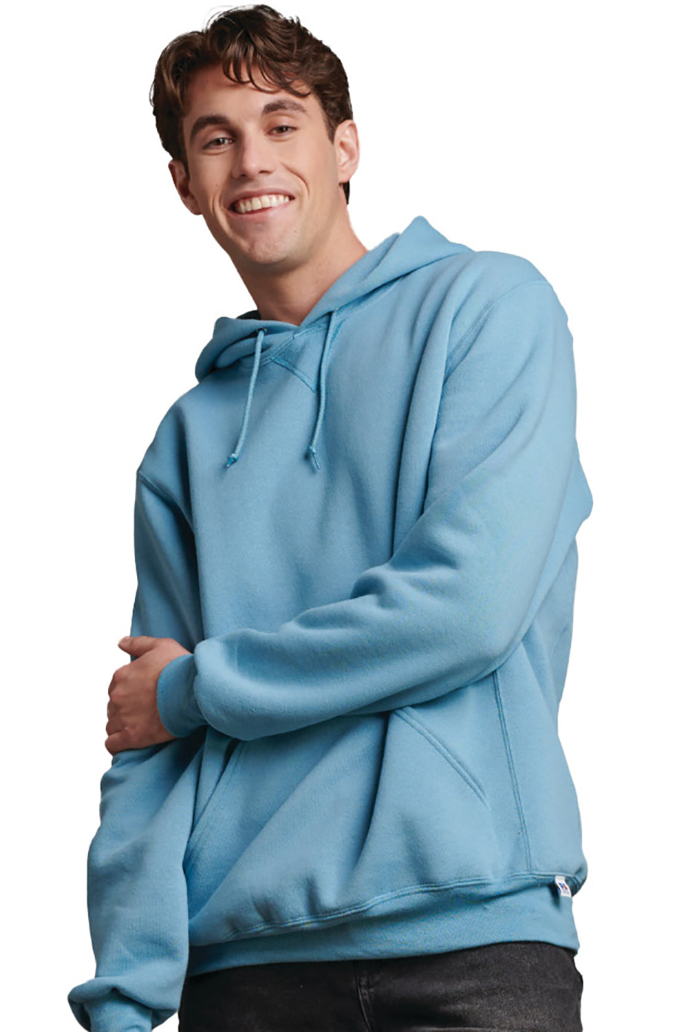 Russell Athletic 695HBM Mens Dri-Power Moisture Wicking Hooded Sweatshirt Hoodie w/ Pouch Pocket Arctic Blue Model Side