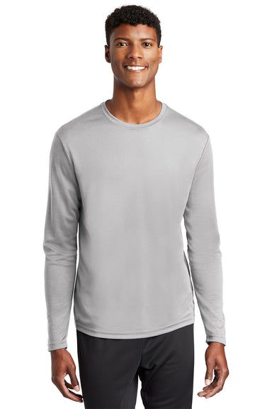 Sport-Tek ST340LS Mens RacerMesh Moisture Wicking Long Sleeve Crewneck T-Shirt Silver Grey Model Front