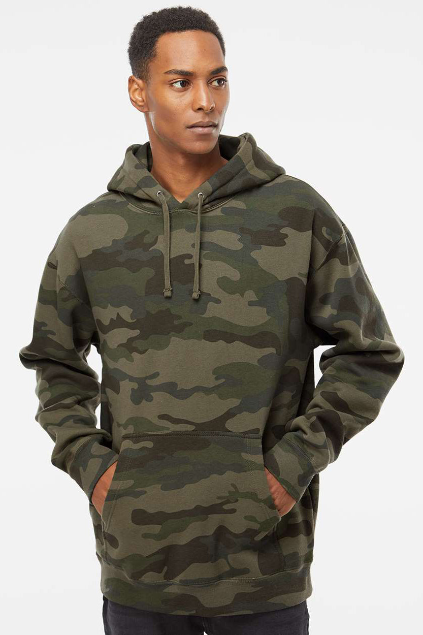 Independent Trading Company IND4000 Mens Hooded Sweatshirt Hoodie w/ Pouch Pocket Forest Green Camo Model Front