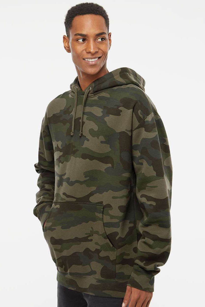 Independent Trading Company IND4000 Mens Hooded Sweatshirt Hoodie w/ Pouch Pocket Forest Green Camo Model Side