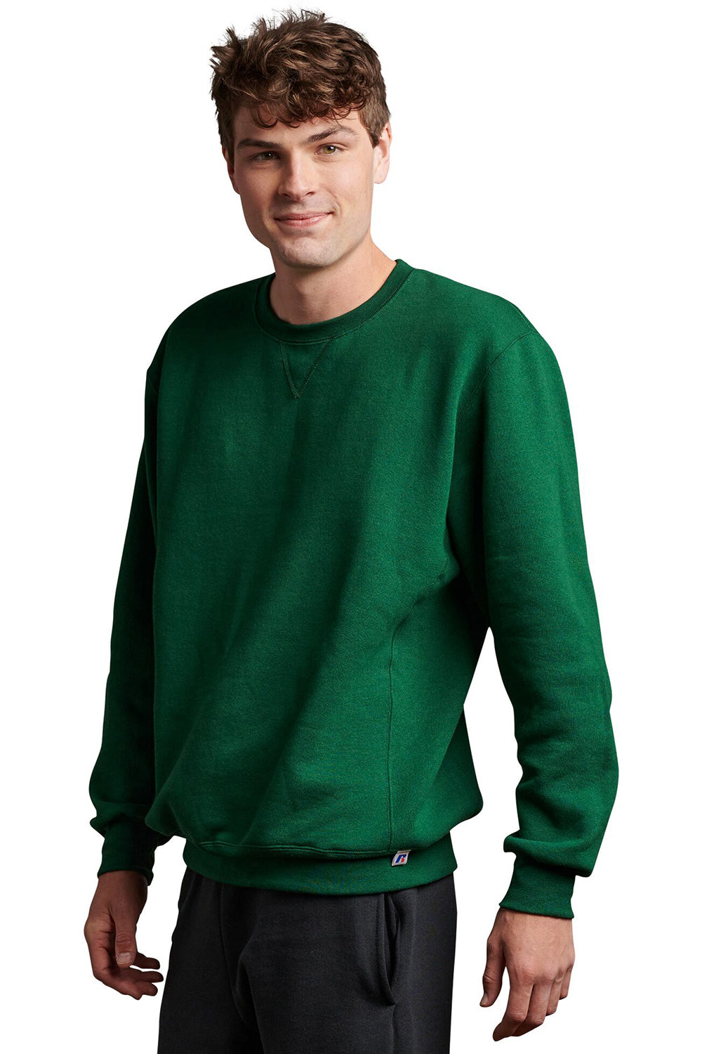 Russell Athletic 698HBM Mens Dri-Power Moisture Wicking Crewneck Sweatshirt Dark Green Model Side