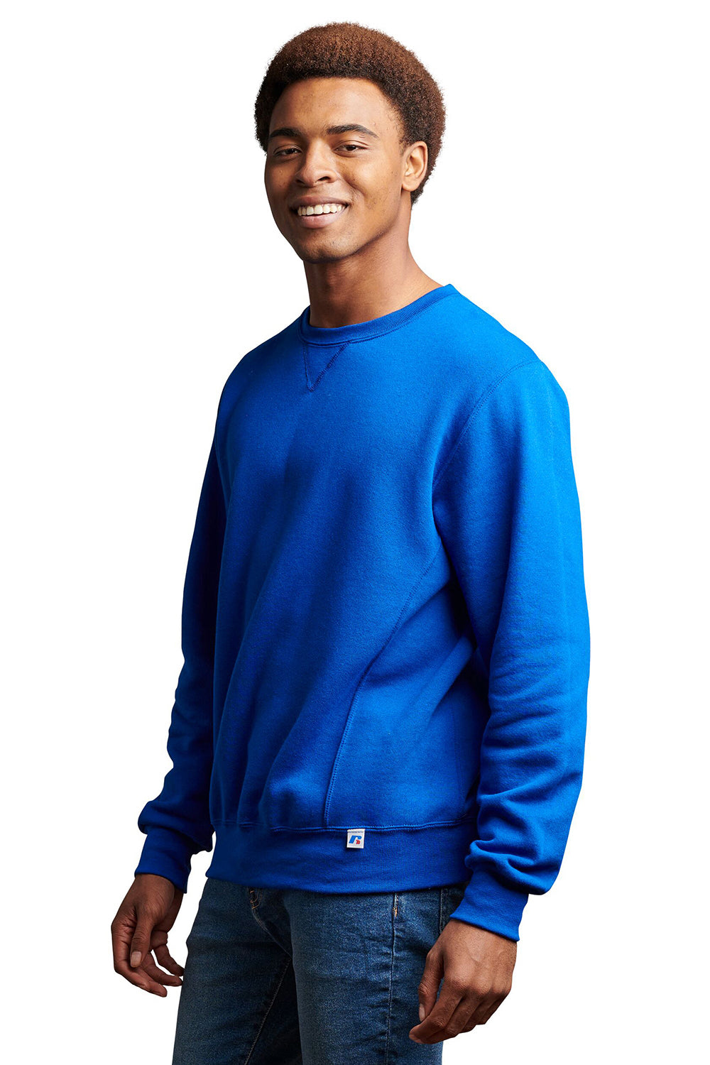 Russell Athletic 698HBM Mens Dri-Power Moisture Wicking Crewneck Sweatshirt Royal Blue Model Side