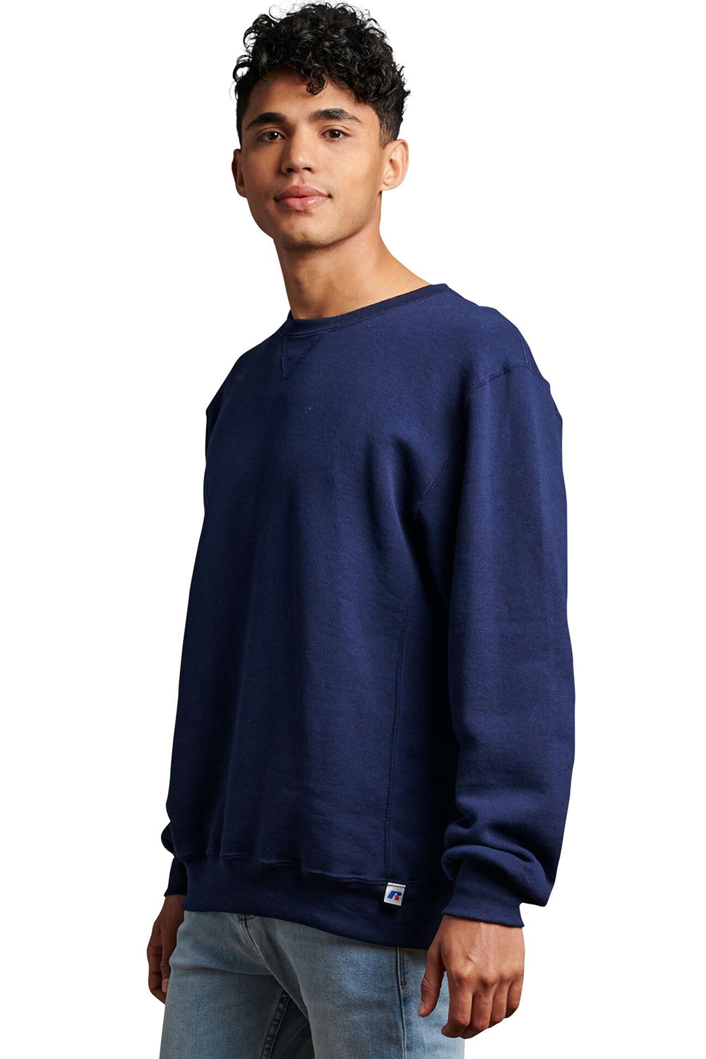 Russell Athletic 698HBM Mens Dri-Power Moisture Wicking Crewneck Sweatshirt Navy Blue Model Side