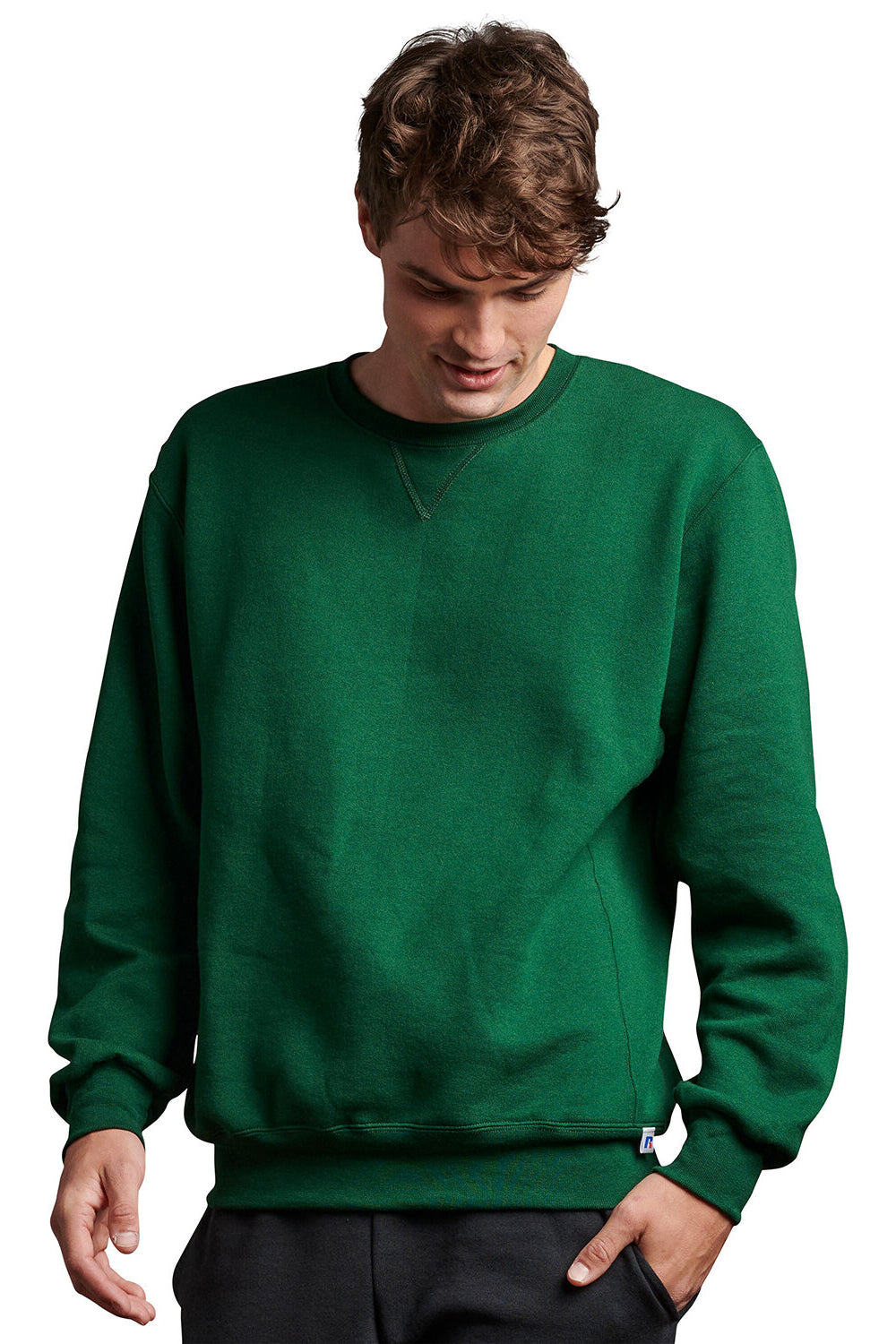 Russell Athletic 698HBM Mens Dri-Power Moisture Wicking Crewneck Sweatshirt Dark Green Model Front