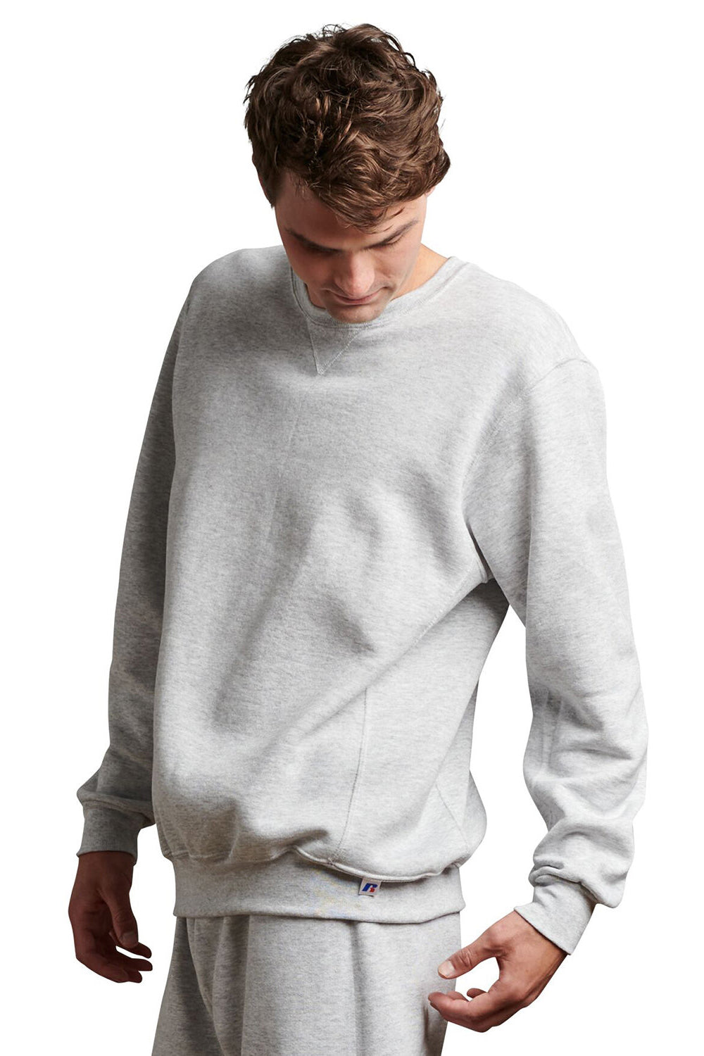 Russell Athletic 698HBM Mens Dri-Power Moisture Wicking Crewneck Sweatshirt Ash Grey Model Front