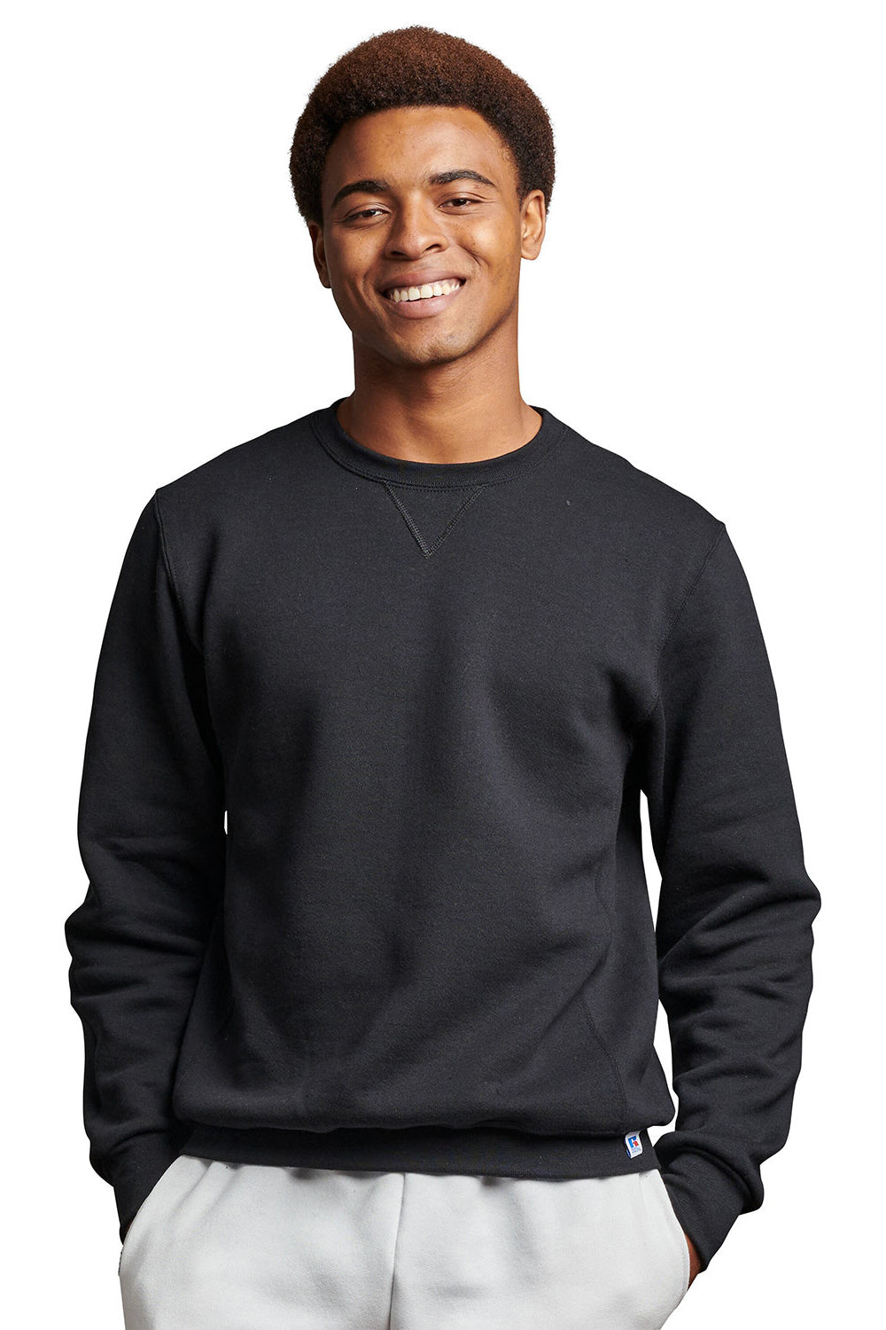 Russell Athletic 698HBM Mens Dri-Power Moisture Wicking Crewneck Sweatshirt Black Model Front