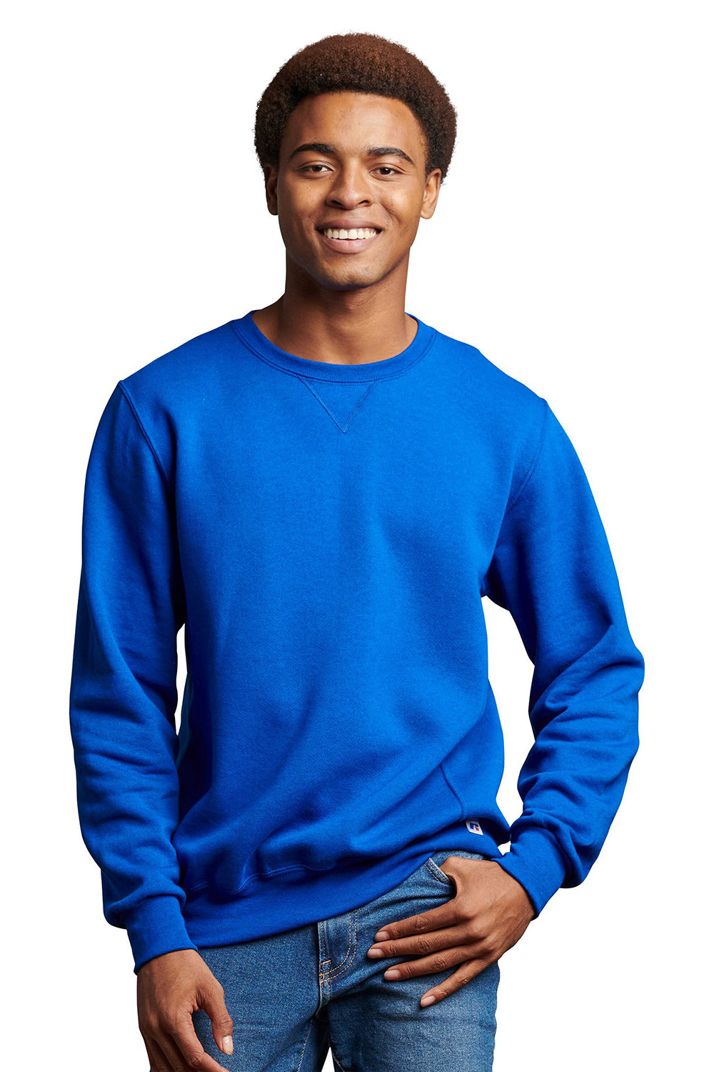 Russell Athletic 698HBM Mens Dri-Power Moisture Wicking Crewneck Sweatshirt Royal Blue Model Front