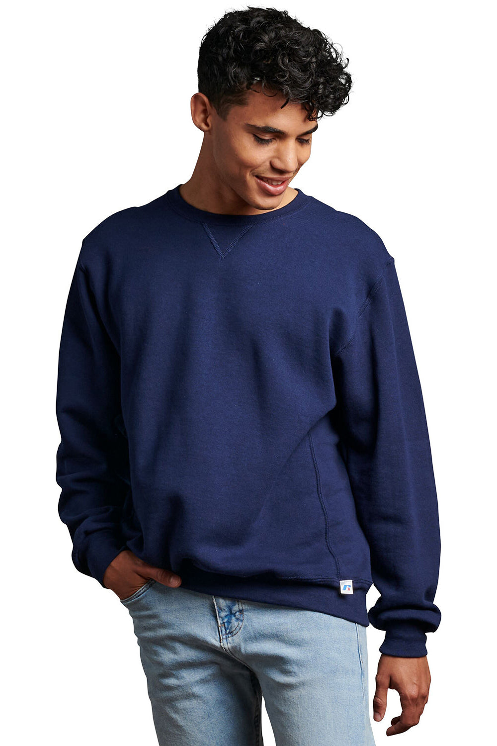 Russell Athletic 698HBM Mens Dri-Power Moisture Wicking Crewneck Sweatshirt Navy Blue Model Front