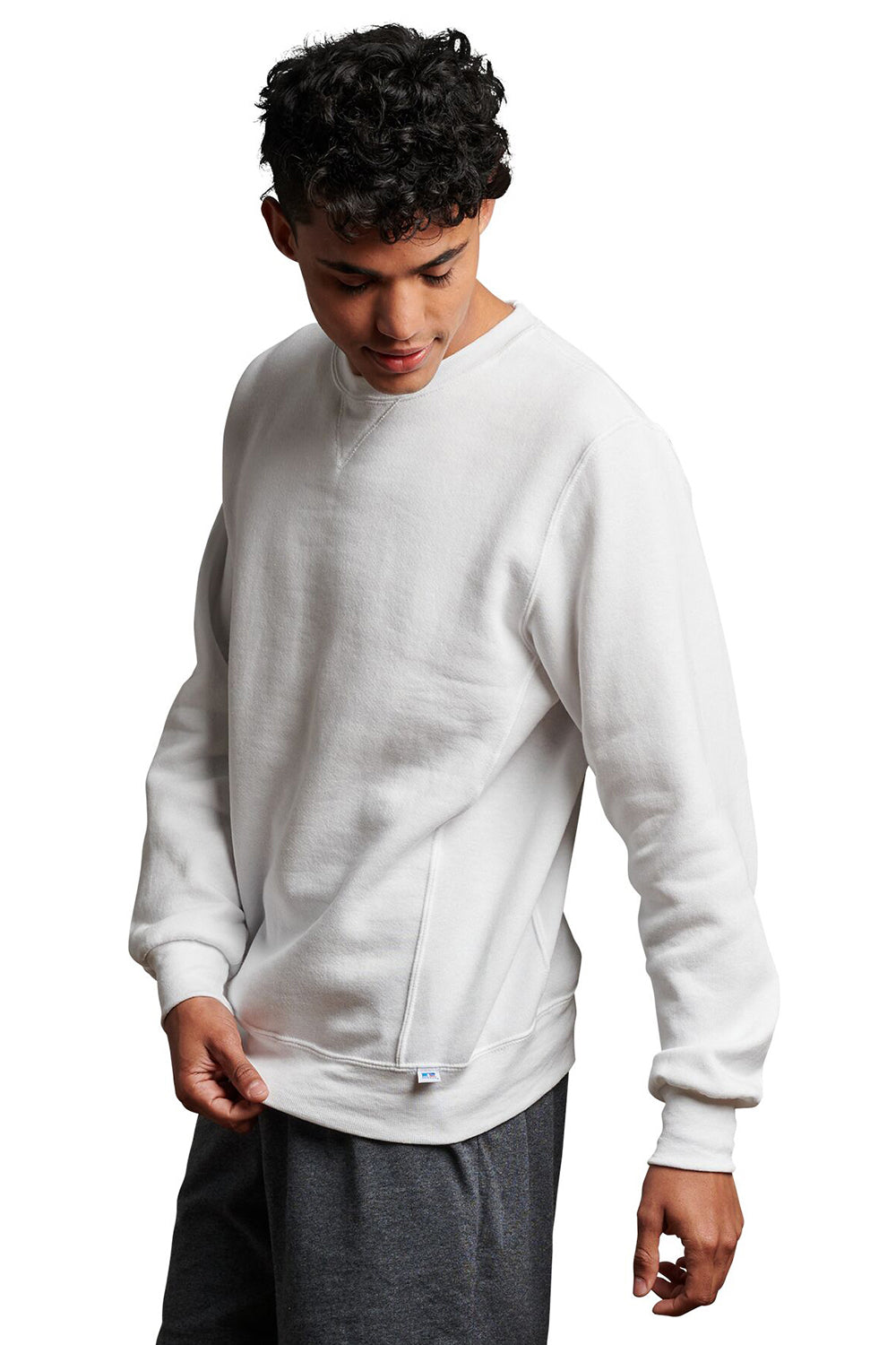 Russell Athletic 698HBM Mens Dri-Power Moisture Wicking Crewneck Sweatshirt White Model Side