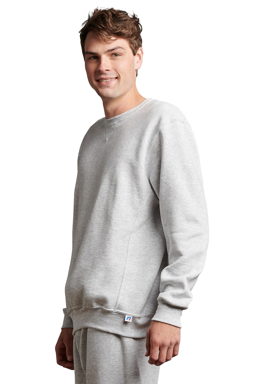 Russell Athletic 698HBM Mens Dri-Power Moisture Wicking Crewneck Sweatshirt Ash Grey Model Side