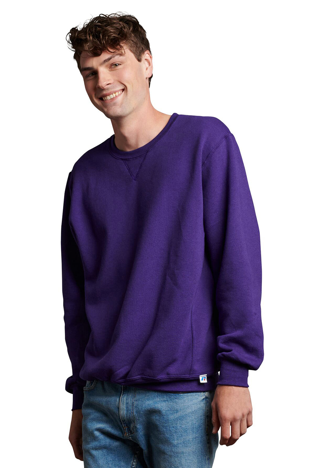 Russell Athletic 698HBM Mens Dri-Power Moisture Wicking Crewneck Sweatshirt Purple Model Side