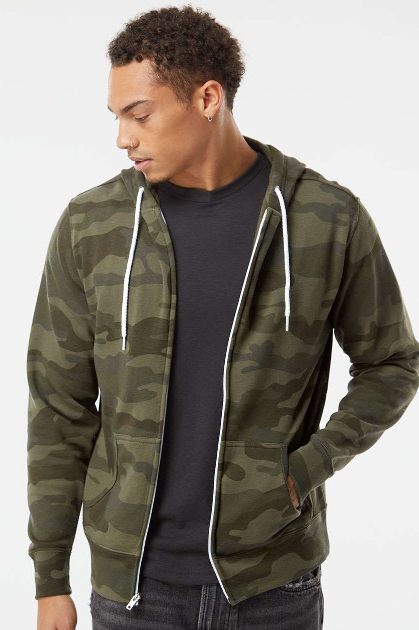Independent Trading Company AFX90UNZ Mens Full Zip Hooded Sweatshirt Hoodie w/ Pockets Forest Green Camo Model Front