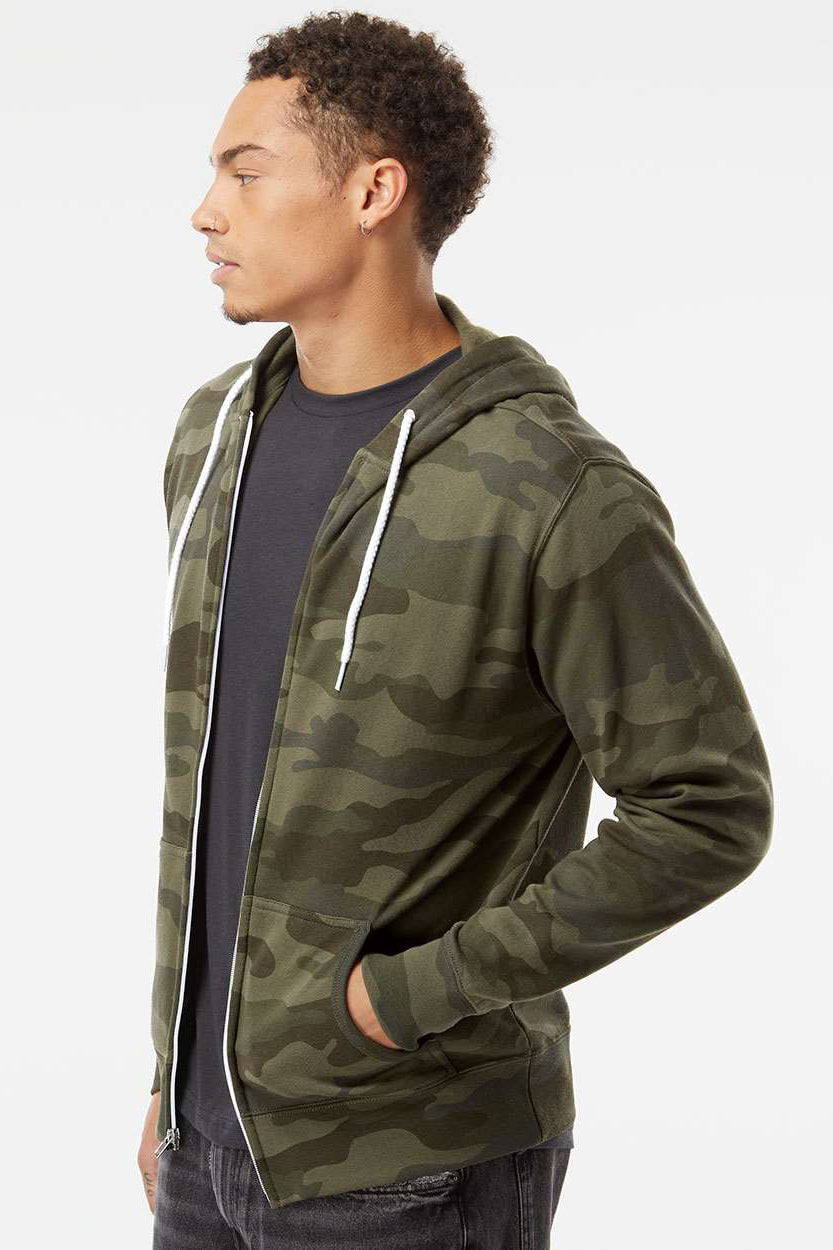 Independent Trading Company AFX90UNZ Mens Full Zip Hooded Sweatshirt Hoodie w/ Pockets Forest Green Camo Model Side