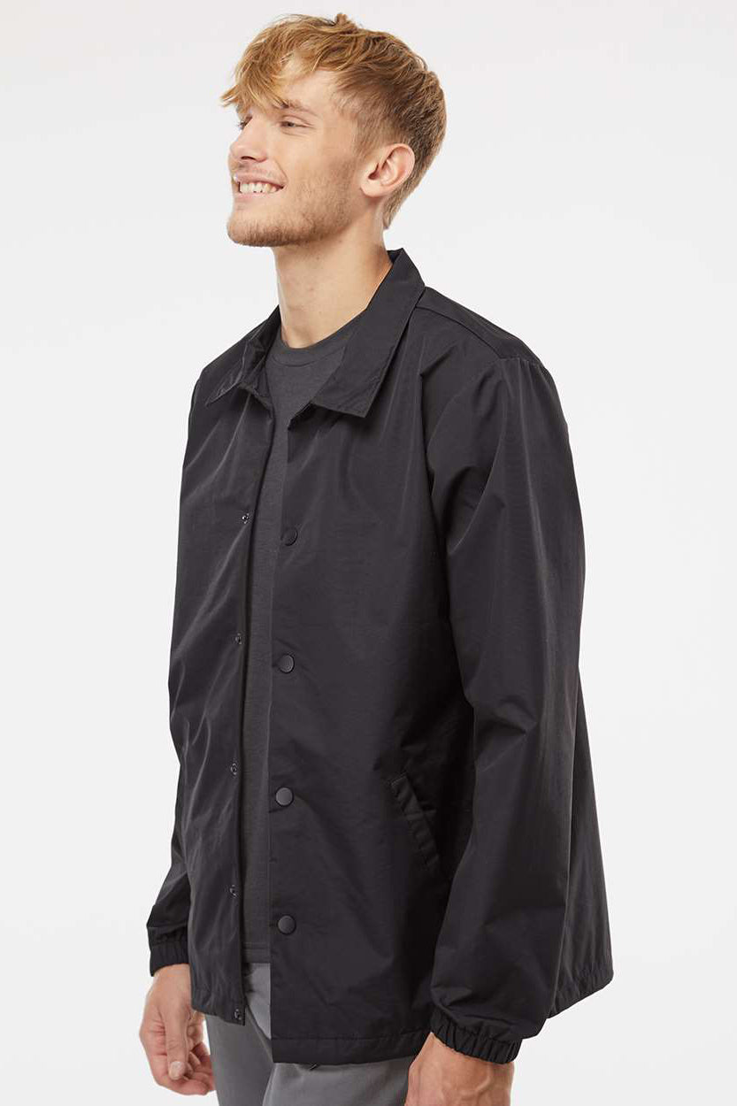Independent Trading Company EXP99CNB Mens Water Resistant Snap Down Coaches Jacket Black/Black Model Side