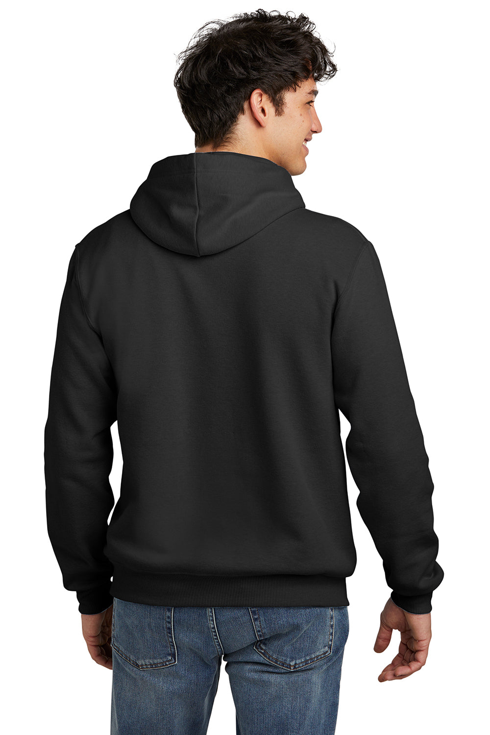 Jerzees 700M/700MR Mens Eco Premium Moisture Wicking Hooded Sweatshirt Hoodie w/ Pouch Pocket Heather Ink Black Model Back
